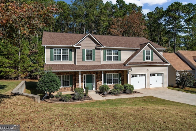 view of front of property with covered porch, a garage, and a front yard