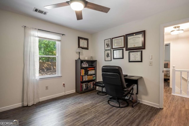 office featuring ceiling fan and dark hardwood / wood-style floors