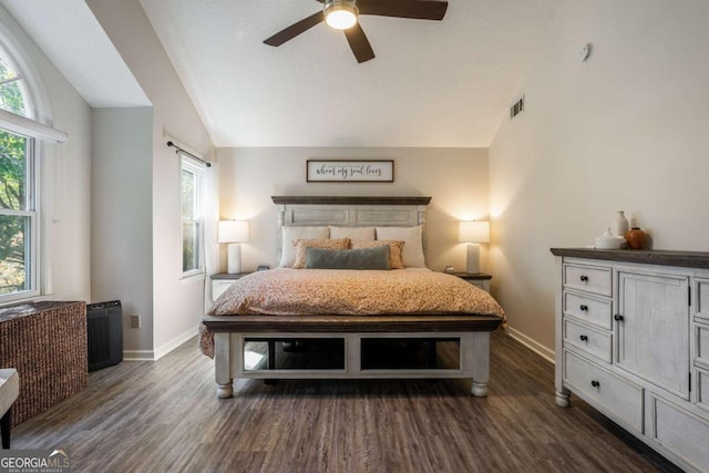 bedroom with multiple windows, lofted ceiling, and dark hardwood / wood-style floors