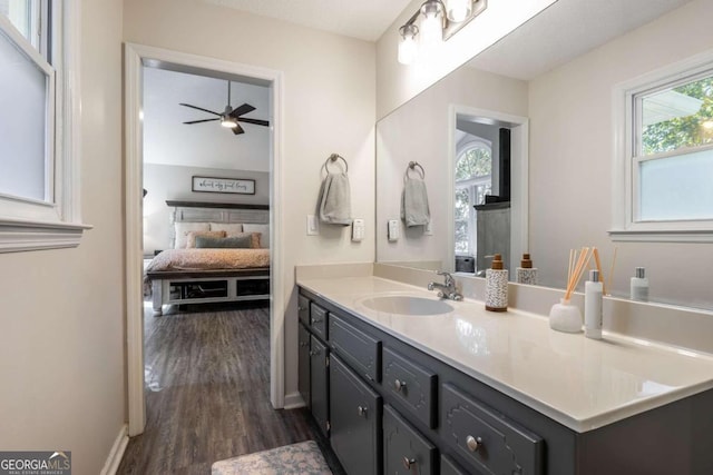 bathroom featuring a wealth of natural light, vanity, hardwood / wood-style floors, and ceiling fan