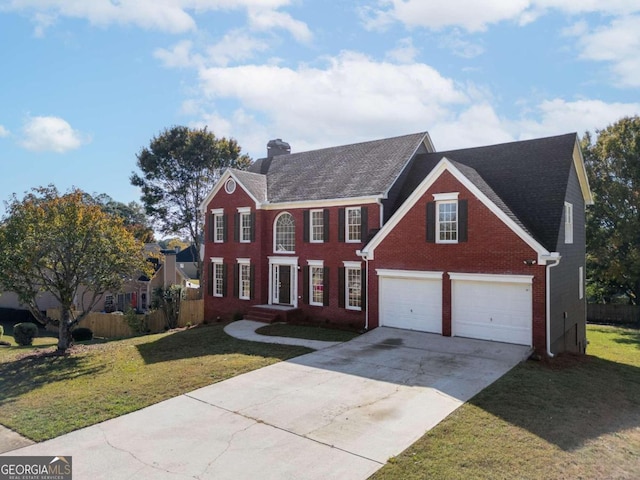 colonial house featuring a front yard and a garage