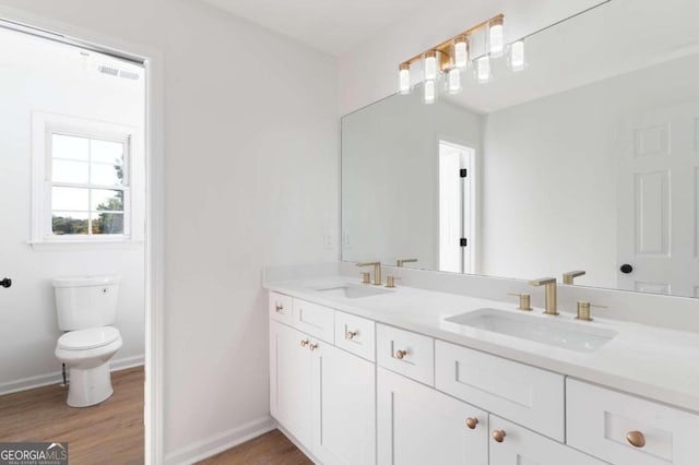 bathroom with vanity, toilet, and wood-type flooring