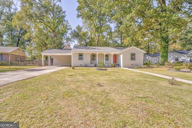 single story home with a front lawn and a carport