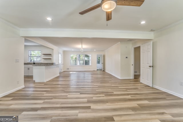 unfurnished living room with sink, ornamental molding, and light hardwood / wood-style flooring