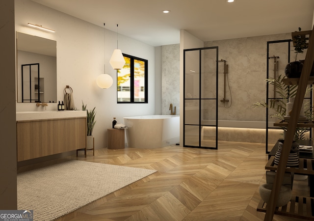 bathroom featuring vanity, plus walk in shower, and parquet flooring