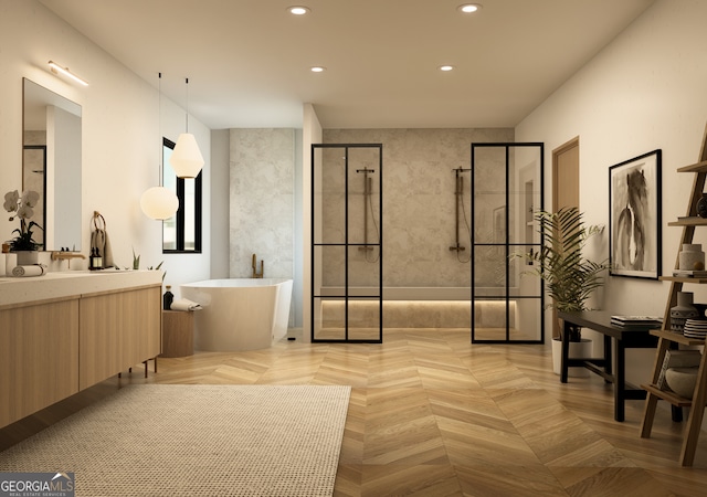 bathroom featuring vanity, parquet flooring, and shower with separate bathtub