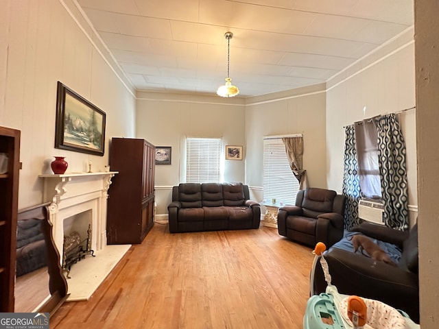 living room with ornamental molding and light hardwood / wood-style flooring