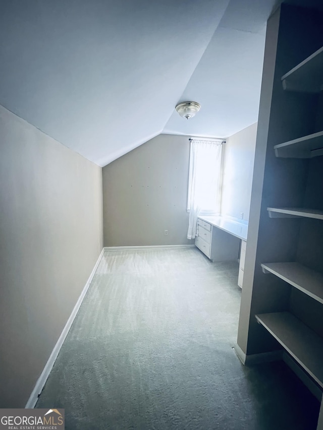 additional living space with lofted ceiling and carpet flooring