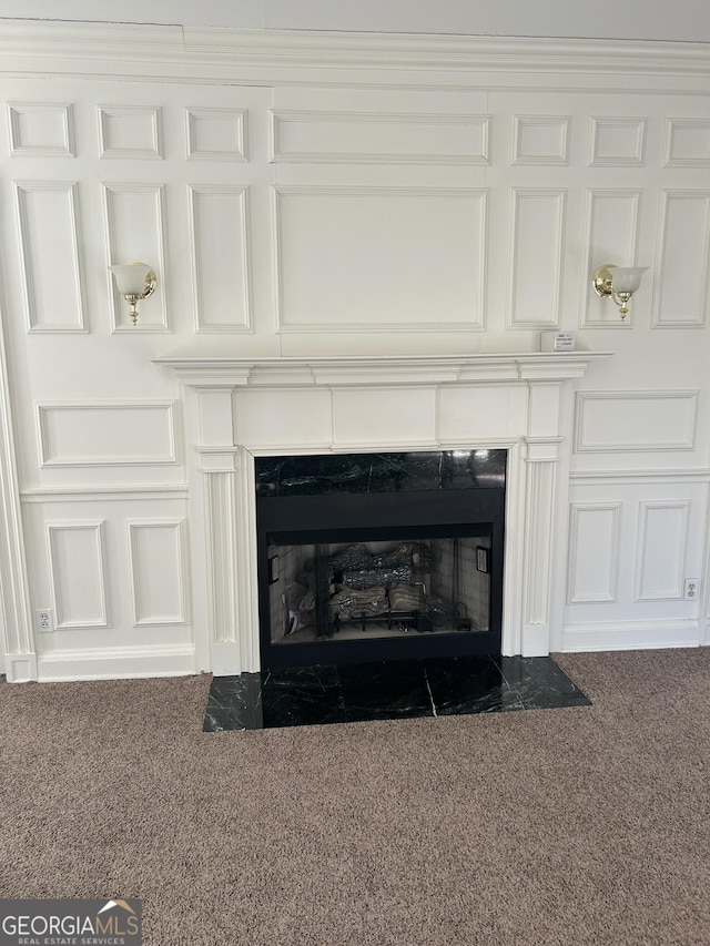 interior details with a premium fireplace and carpet