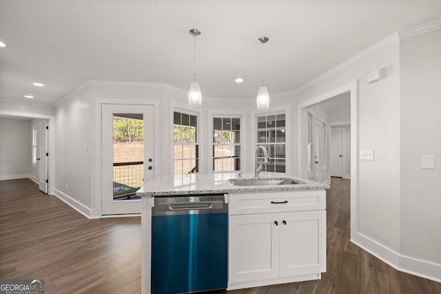 kitchen featuring stainless steel dishwasher, sink, white cabinets, and dark hardwood / wood-style flooring