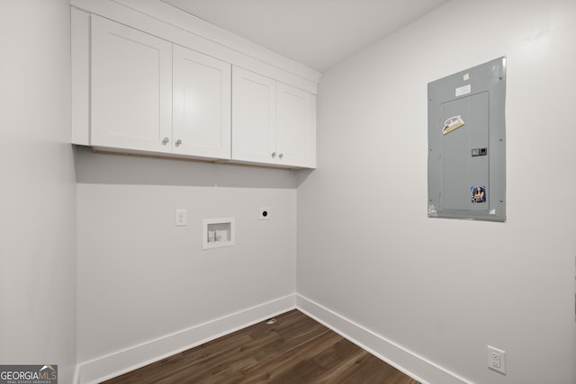 laundry room with washer hookup, hookup for an electric dryer, cabinets, electric panel, and dark hardwood / wood-style flooring