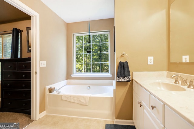 bathroom with a tub to relax in and vanity