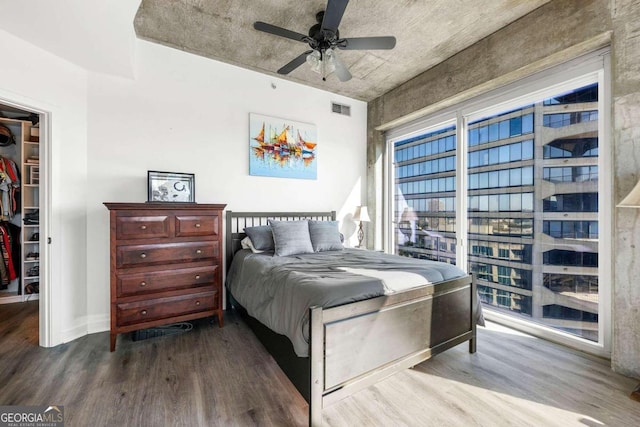 bedroom with ceiling fan, a walk in closet, wood-type flooring, and a closet