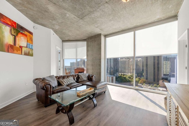 living room with expansive windows and dark hardwood / wood-style flooring