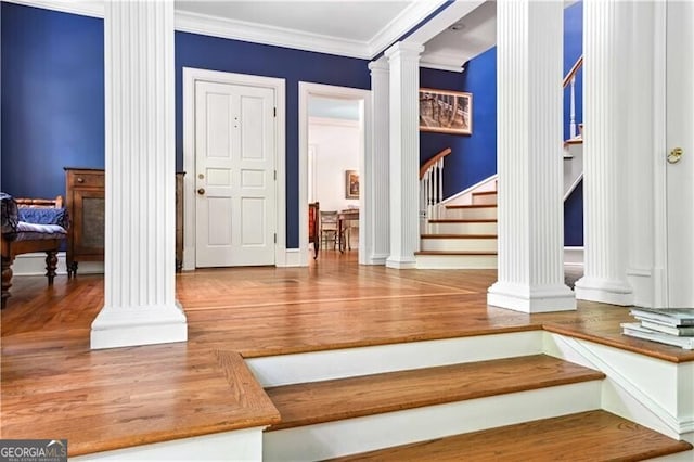 foyer entrance featuring wood-type flooring and ornamental molding