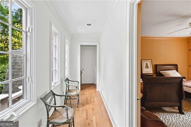 hallway featuring light wood-type flooring, a wealth of natural light, and crown molding