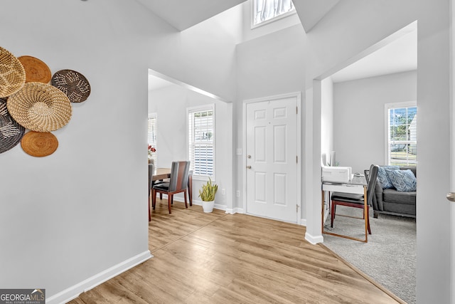 entrance foyer featuring light hardwood / wood-style flooring and a towering ceiling