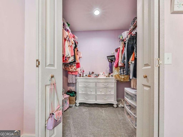 walk in closet featuring carpet flooring