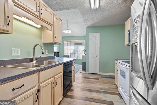 kitchen with white range, dishwasher, stainless steel fridge with ice dispenser, pendant lighting, and light hardwood / wood-style flooring