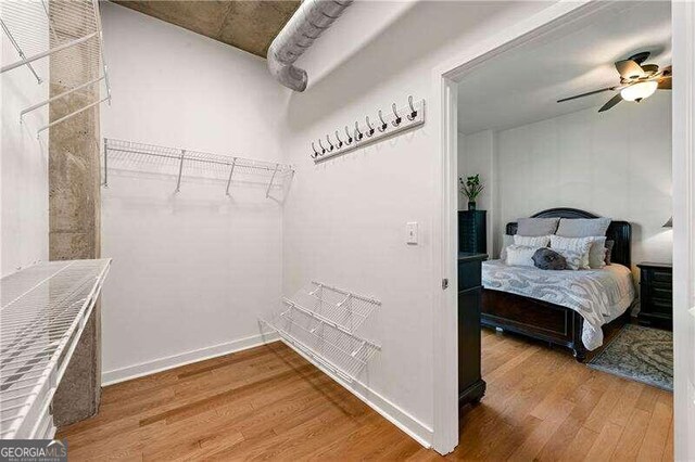 spacious closet featuring wood-type flooring and ceiling fan