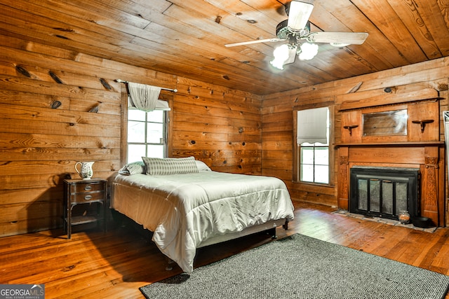 bedroom featuring ceiling fan, wood-type flooring, and wood ceiling