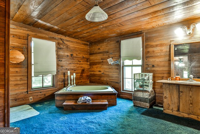 unfurnished bedroom with multiple windows, wood walls, sink, and wooden ceiling