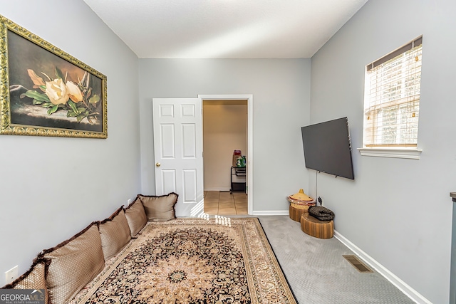 living room featuring light carpet