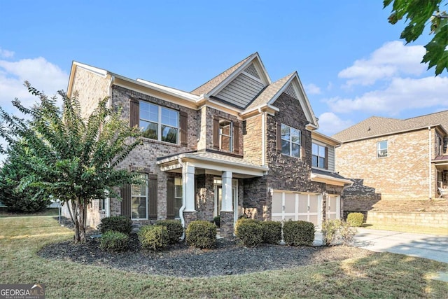 craftsman house featuring a front lawn and a garage