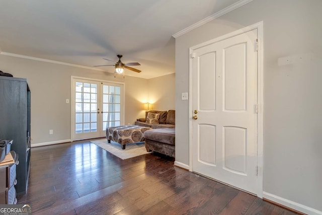 bedroom with french doors, ceiling fan, crown molding, and dark hardwood / wood-style flooring