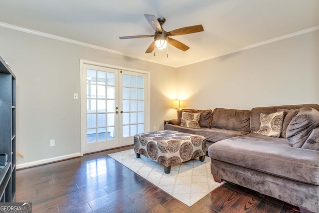 living room with light hardwood / wood-style floors, french doors, ceiling fan, and crown molding