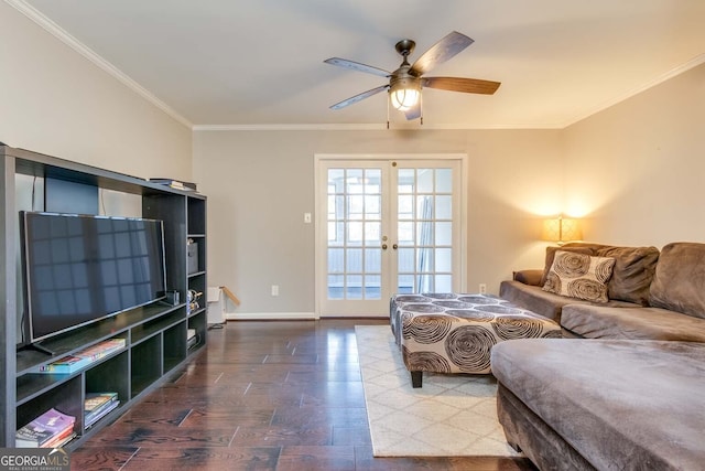 living room featuring french doors, ceiling fan, ornamental molding, and hardwood / wood-style floors