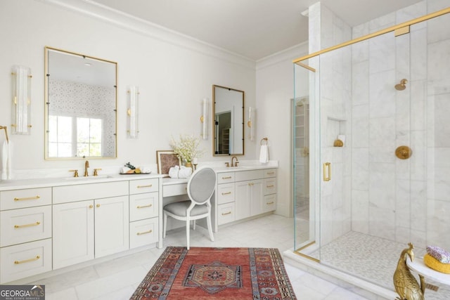 bathroom with walk in shower, ornamental molding, tile patterned flooring, and vanity