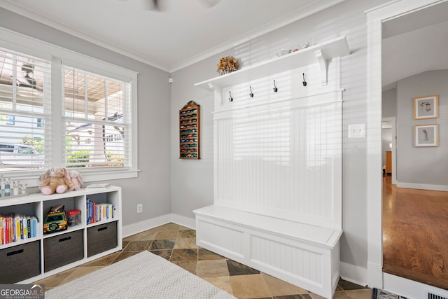 mudroom featuring ornamental molding