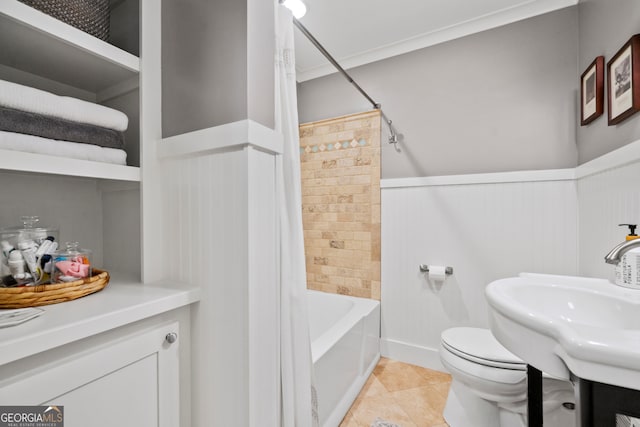 full bathroom with shower / bath combo, ornamental molding, vanity, tile patterned flooring, and toilet