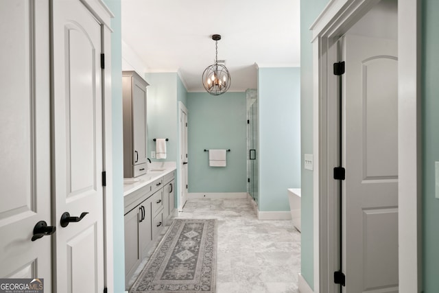 bathroom with a chandelier, shower with separate bathtub, vanity, and ornamental molding