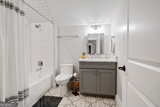 full bathroom with tile patterned floors, vanity, toilet, and shower / bathtub combination with curtain