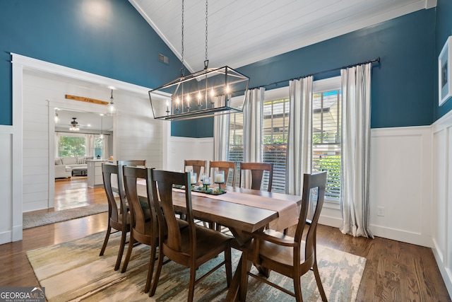 dining room with wood-type flooring, high vaulted ceiling, and wooden ceiling