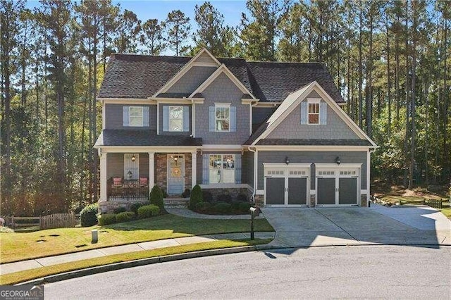 craftsman inspired home featuring a garage, a front lawn, and a porch