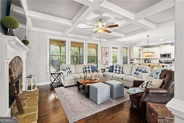 living room featuring dark hardwood / wood-style flooring, beam ceiling, a fireplace, and a wealth of natural light