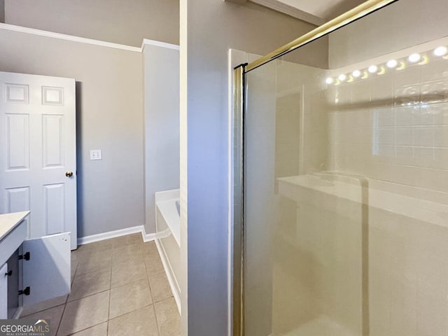 bathroom with vanity, crown molding, tile patterned floors, and shower with separate bathtub