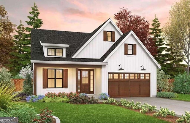 modern farmhouse with board and batten siding, roof with shingles, concrete driveway, a front yard, and a garage