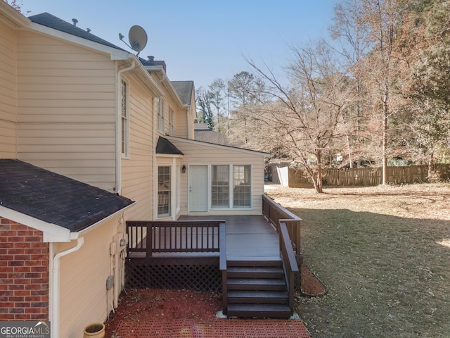 2582 Fairview Ln, Jonesboro, GA 30236 - view of side of home featuring a lawn, a wooden deck, roof with shingles, and fence