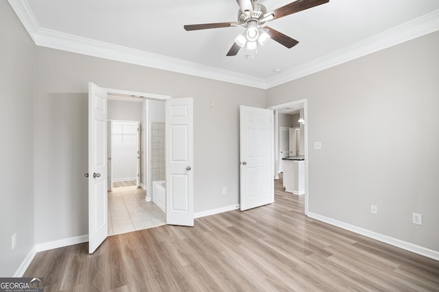 unfurnished bedroom with ceiling fan, light hardwood / wood-style flooring, and ornamental molding