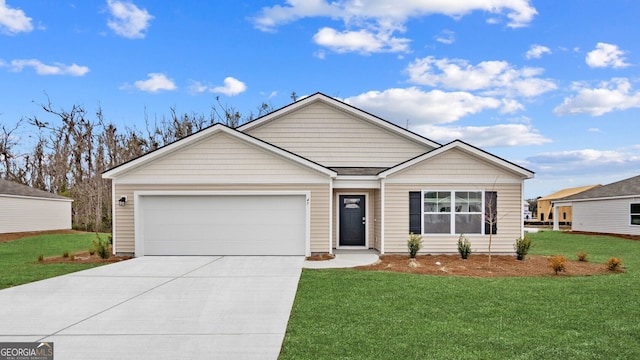 ranch-style house featuring a garage and a front yard