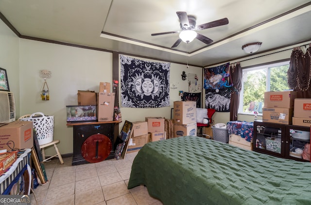 bedroom featuring ceiling fan, crown molding, and light tile patterned floors