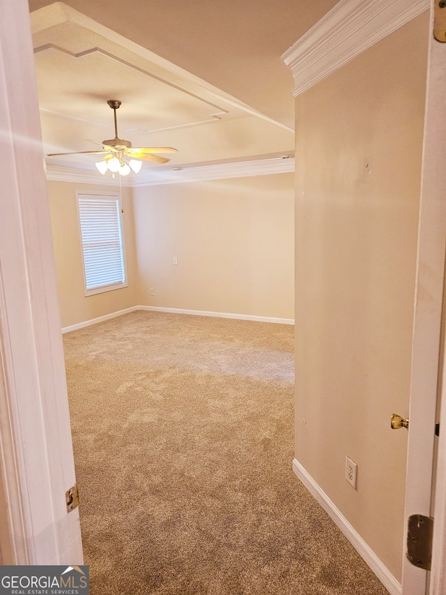 empty room with crown molding, carpet, and ceiling fan