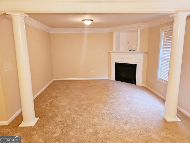 unfurnished living room featuring crown molding and light carpet