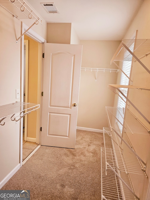 spacious closet featuring light carpet