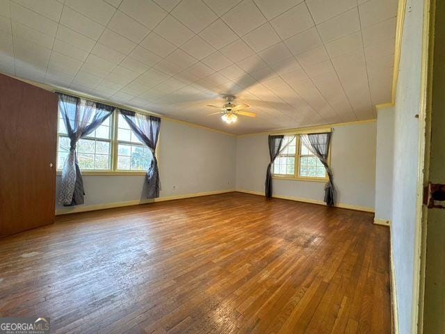 empty room featuring a wealth of natural light, ceiling fan, and hardwood / wood-style flooring