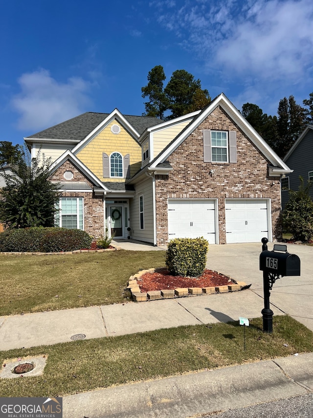 view of front of home with a front yard and a garage